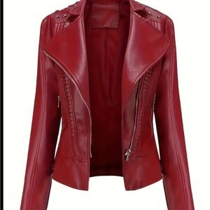 Red Leather Moto Jacket with Quilted Shoulders